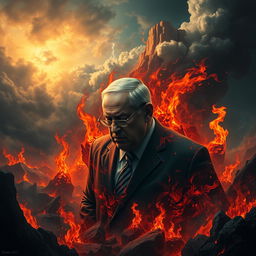 A dramatic and imaginative depiction of a figure resembling Benjamin Netanyahu in a tormented state in a fiery hellscape