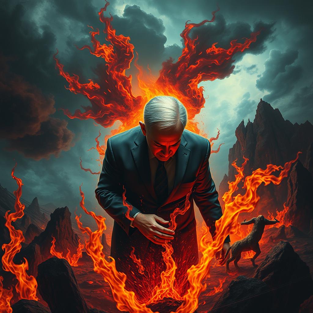 A dramatic and imaginative depiction of a figure resembling Benjamin Netanyahu in a tormented state in a fiery hellscape