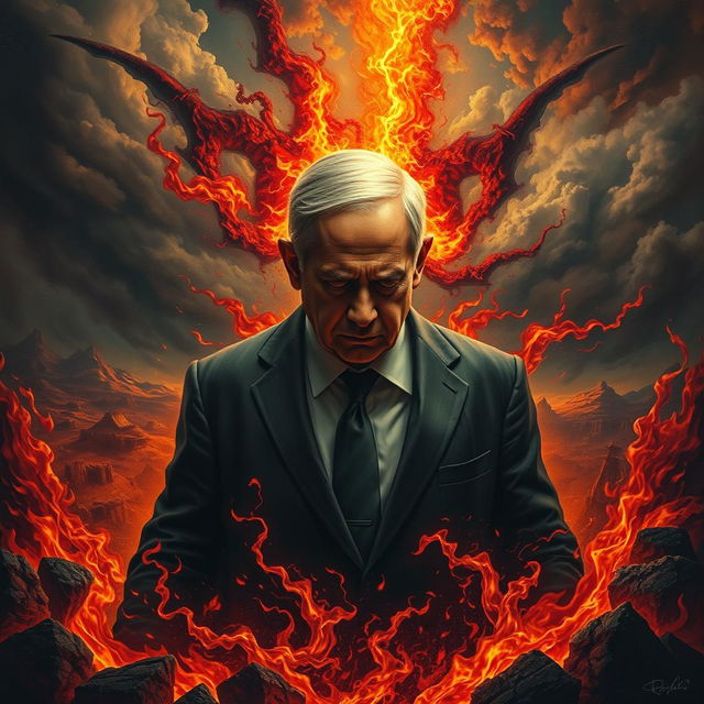 A dramatic and imaginative depiction of a figure resembling Benjamin Netanyahu in a tormented state in a fiery hellscape