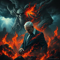 A dramatic and imaginative depiction of a figure resembling Benjamin Netanyahu in a tormented state in a fiery hellscape