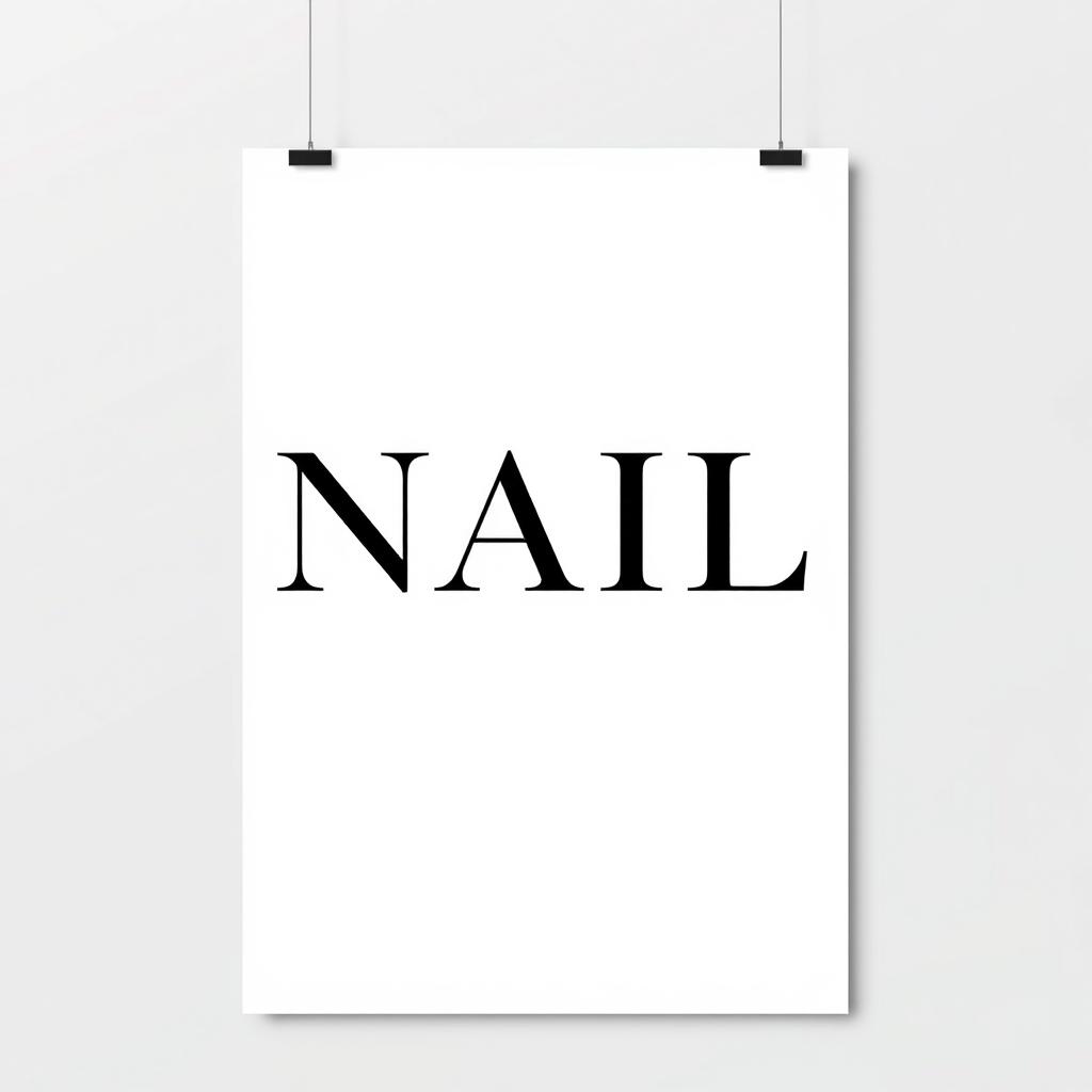 A minimalist poster featuring the word 'NAIL' prominently displayed in bold black typography on a white background