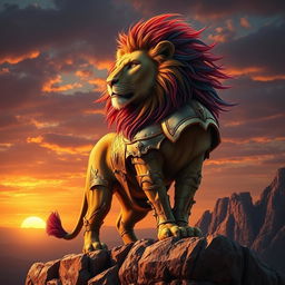A majestic warrior lion standing proudly on a rocky cliff, adorned with intricate armor made of gold and silver, reflecting the sunlight