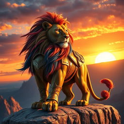 A majestic warrior lion standing proudly on a rocky cliff, adorned with intricate armor made of gold and silver, reflecting the sunlight