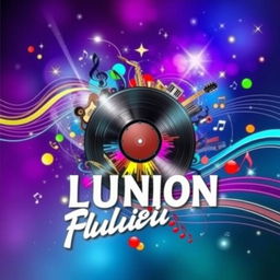 An abstract and colorful album cover art featuring a fusion of musical elements, such as vibrant sound waves and swirling notes