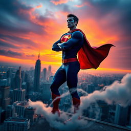 A dynamic superhero standing on a city rooftop at sunset, wearing a vibrant costume featuring a mix of blue and red with a flowing cape