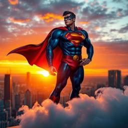 A dynamic superhero standing on a city rooftop at sunset, wearing a vibrant costume featuring a mix of blue and red with a flowing cape