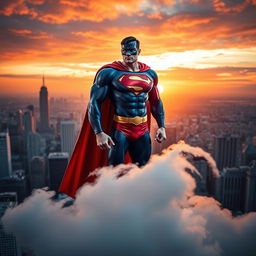 A dynamic superhero standing on a city rooftop at sunset, wearing a vibrant costume featuring a mix of blue and red with a flowing cape