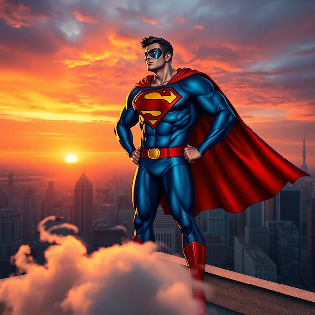 A dynamic superhero standing on a city rooftop at sunset, wearing a vibrant costume featuring a mix of blue and red with a flowing cape