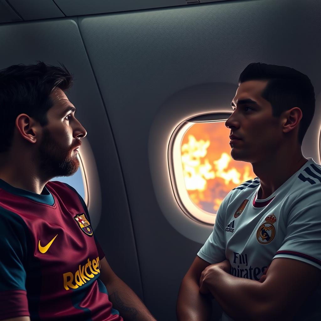 A dramatic scene inside an airplane with Lionel Messi wearing a Barcelona jersey and Cristiano Ronaldo in a Real Madrid jersey, both looking out the window in shock as flames are seen outside