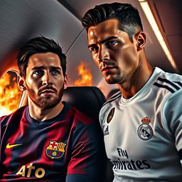 A dramatic scene inside an airplane with Lionel Messi wearing a Barcelona jersey and Cristiano Ronaldo in a Real Madrid jersey, both looking out the window in shock as flames are seen outside