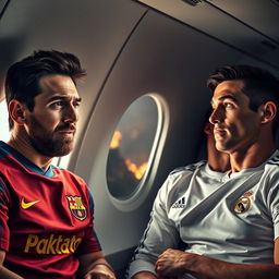 A dramatic scene inside an airplane with Lionel Messi wearing a Barcelona jersey and Cristiano Ronaldo in a Real Madrid jersey, both looking out the window in shock as flames are seen outside