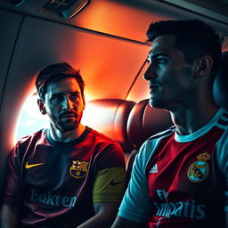 A dramatic scene inside an airplane with Lionel Messi wearing a Barcelona jersey and Cristiano Ronaldo in a Real Madrid jersey, both looking out the window in shock as flames are seen outside