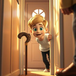 A 3D animated-style close-up illustration of a cozy home interior, featuring Omid, an 11-year-old boy with green eyes and golden hair, who is peeking out from behind his slightly open bedroom door
