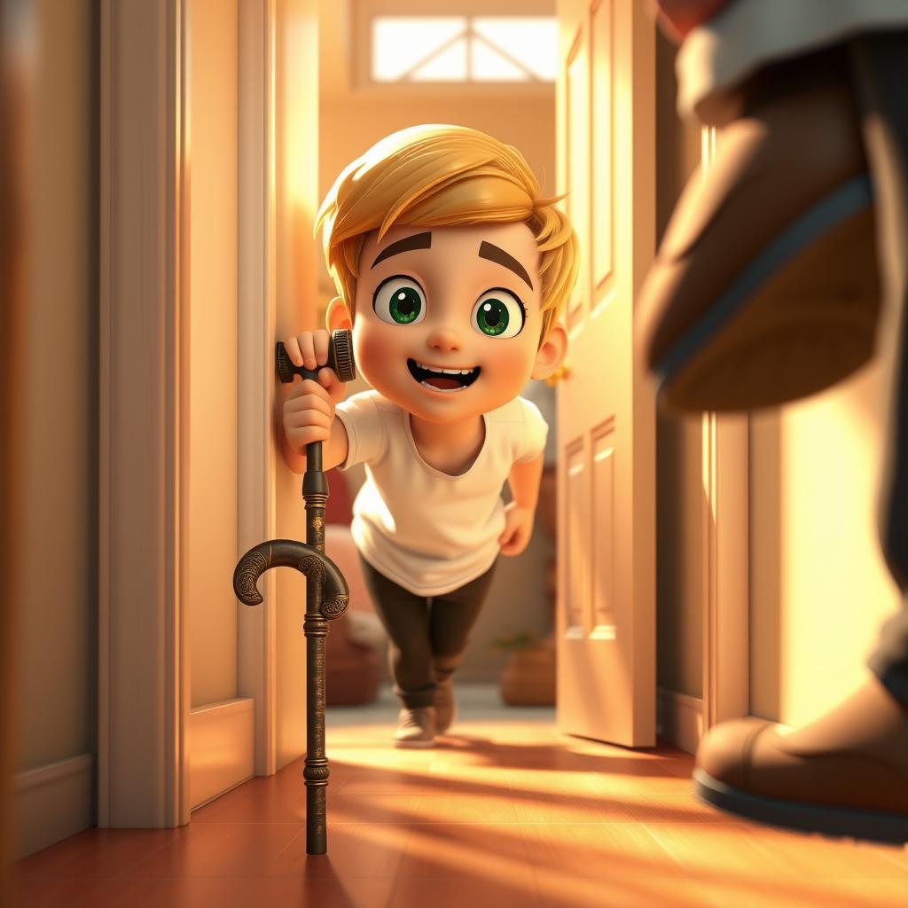 A 3D animated-style close-up illustration of a cozy home interior, featuring Omid, an 11-year-old boy with green eyes and golden hair, who is peeking out from behind his slightly open bedroom door
