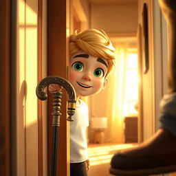 A 3D animated-style close-up illustration of a cozy home interior, featuring Omid, an 11-year-old boy with green eyes and golden hair, who is peeking out from behind his slightly open bedroom door