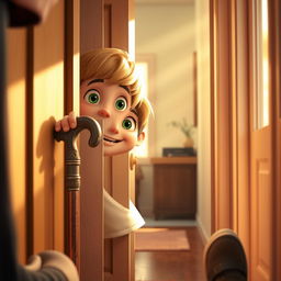 A 3D animated-style close-up illustration of a cozy home interior, featuring Omid, an 11-year-old boy with green eyes and golden hair, who is peeking out from behind his slightly open bedroom door