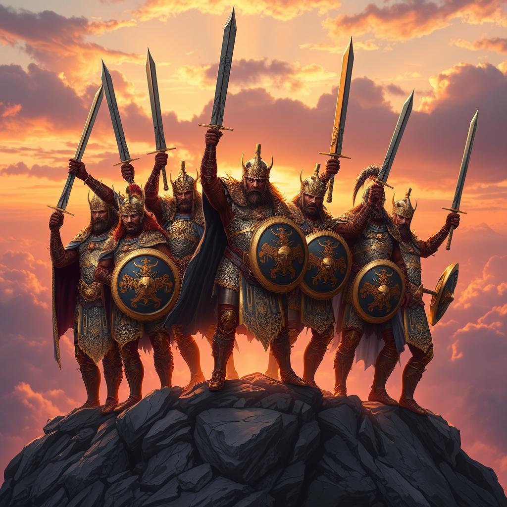 A group of glorious warriors standing triumphantly atop a mountain peak, clad in intricate armor adorned with gold and silver embellishments