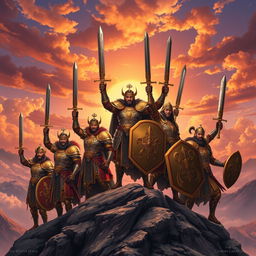 A group of glorious warriors standing triumphantly atop a mountain peak, clad in intricate armor adorned with gold and silver embellishments