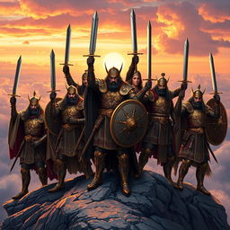 A group of glorious warriors standing triumphantly atop a mountain peak, clad in intricate armor adorned with gold and silver embellishments