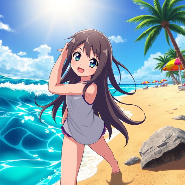 An anime character with a playful expression, standing on a vibrant beach with turquoise waves crashing in the background