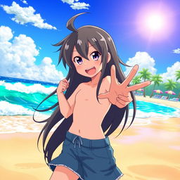 An anime character with a playful expression, standing on a vibrant beach with turquoise waves crashing in the background