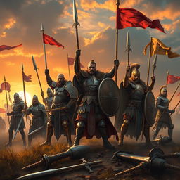 A depiction of glorious warriors standing triumphantly on a battlefield, showcasing a diverse group of warriors from various cultures and eras