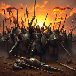 A depiction of glorious warriors standing triumphantly on a battlefield, showcasing a diverse group of warriors from various cultures and eras