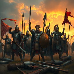 A depiction of glorious warriors standing triumphantly on a battlefield, showcasing a diverse group of warriors from various cultures and eras