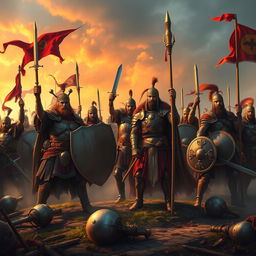 A depiction of glorious warriors standing triumphantly on a battlefield, showcasing a diverse group of warriors from various cultures and eras