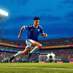 A dynamic scene of a professional footballer in action, wearing a vivid blue jersey and white shorts, sprinting down the pitch with an intense expression
