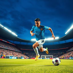 A dynamic scene of a professional footballer in action, wearing a vivid blue jersey and white shorts, sprinting down the pitch with an intense expression