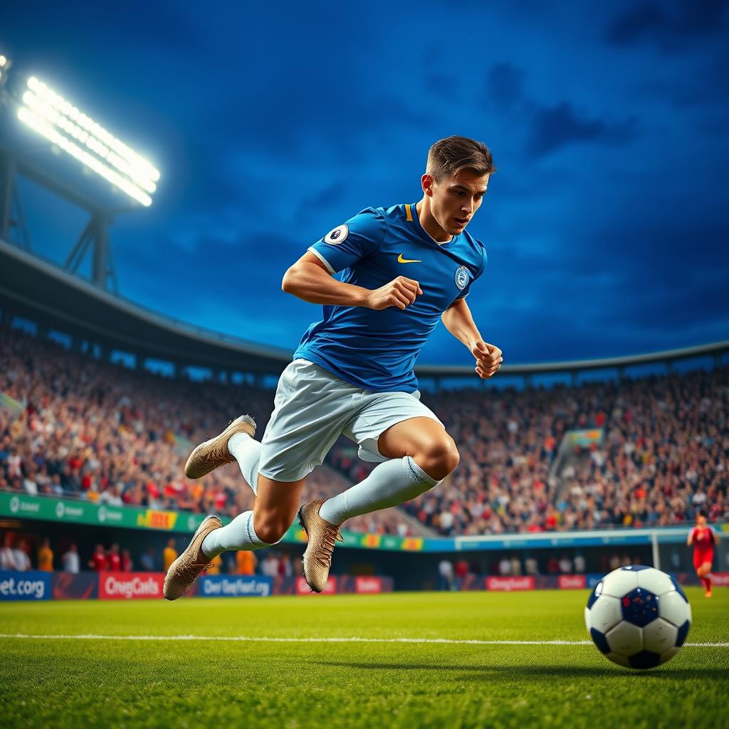 A dynamic scene of a professional footballer in action, wearing a vivid blue jersey and white shorts, sprinting down the pitch with an intense expression