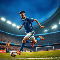 A dynamic scene of a professional footballer in action, wearing a vivid blue jersey and white shorts, sprinting down the pitch with an intense expression