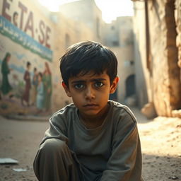 A poignant image depicting the sadness and resilience of a young Palestinian boy, sitting alone on a dusty street in an old city, with crumbling stone buildings surrounding him
