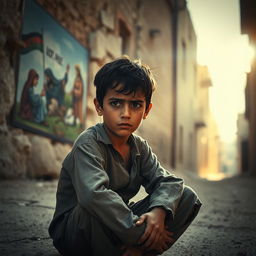 A poignant image depicting the sadness and resilience of a young Palestinian boy, sitting alone on a dusty street in an old city, with crumbling stone buildings surrounding him