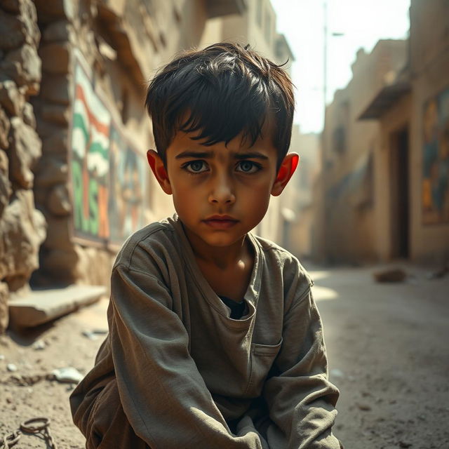 A poignant image depicting the sadness and resilience of a young Palestinian boy, sitting alone on a dusty street in an old city, with crumbling stone buildings surrounding him