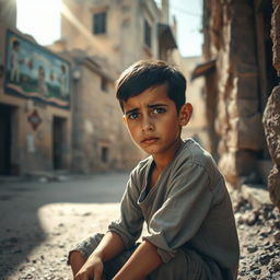 A poignant image depicting the sadness and resilience of a young Palestinian boy, sitting alone on a dusty street in an old city, with crumbling stone buildings surrounding him