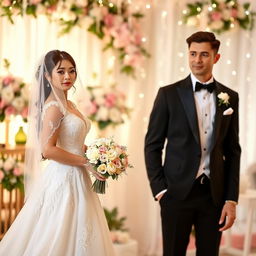 A beautiful wedding scene featuring a bride on the left side and a groom on the right side