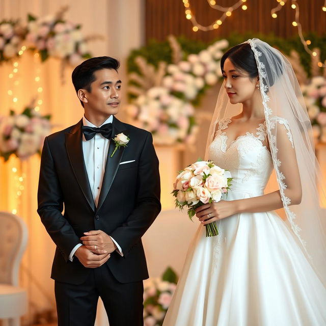 A beautiful wedding scene featuring a bride on the left side and a groom on the right side