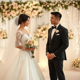 A beautiful wedding scene featuring a bride on the left side and a groom on the right side