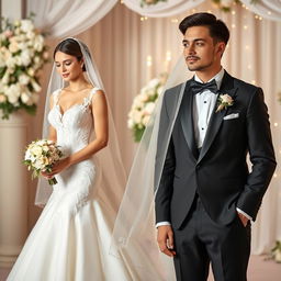 A beautiful wedding scene featuring a bride on the left side and a groom on the right side