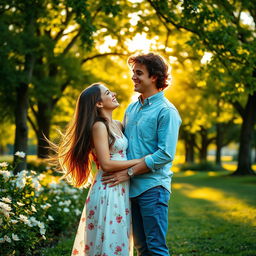 A young lovely couple standing together in a picturesque park during golden hour
