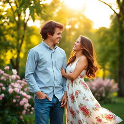 A young lovely couple standing together in a picturesque park during golden hour