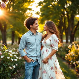 A young lovely couple standing together in a picturesque park during golden hour