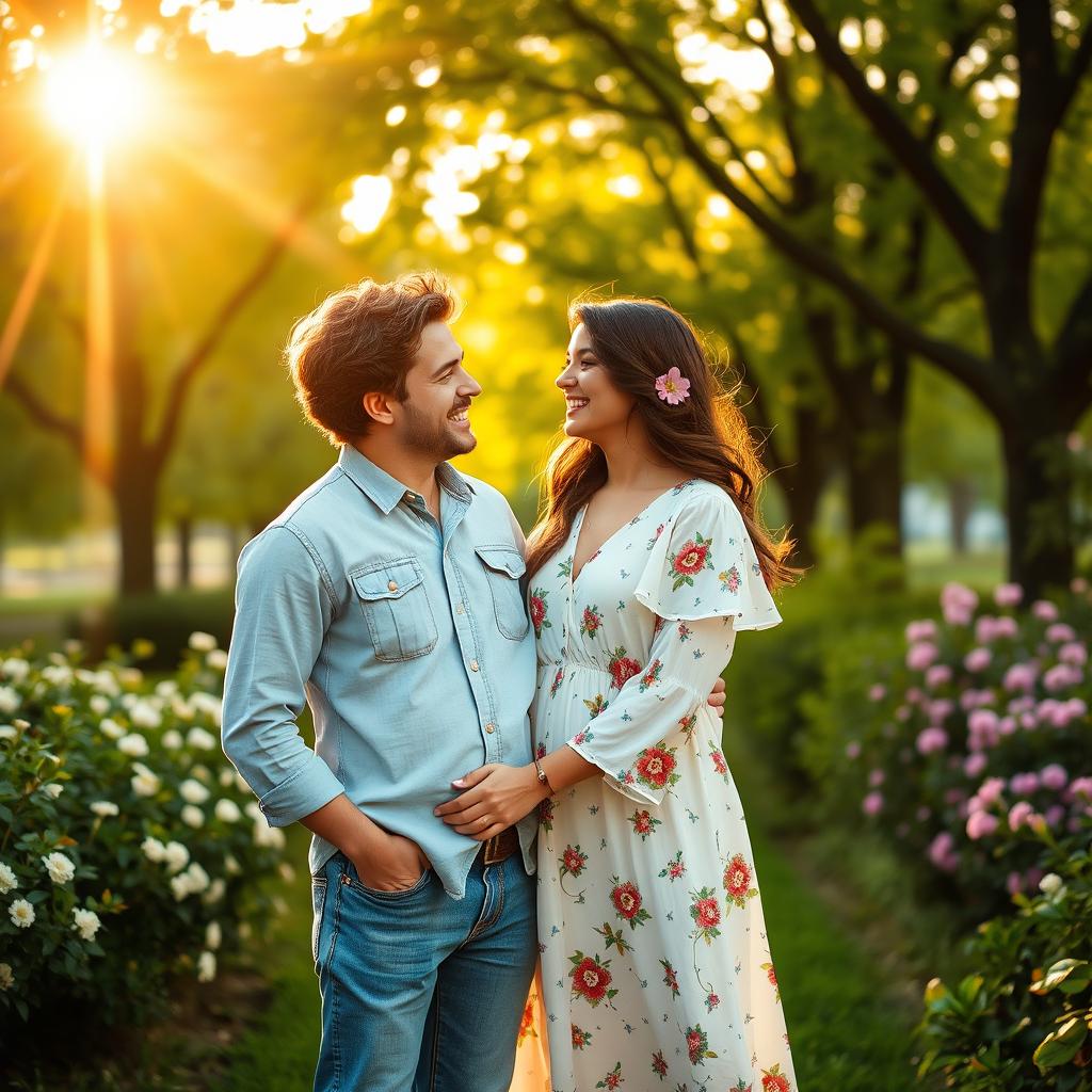 A young lovely couple standing together in a picturesque park during golden hour