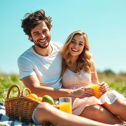 A young lovely couple enjoying a sunny day in a beautiful outdoor setting, with a clear blue sky above