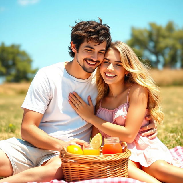 A young lovely couple enjoying a sunny day in a beautiful outdoor setting, with a clear blue sky above