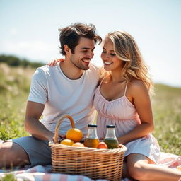 A young lovely couple enjoying a sunny day in a beautiful outdoor setting, with a clear blue sky above