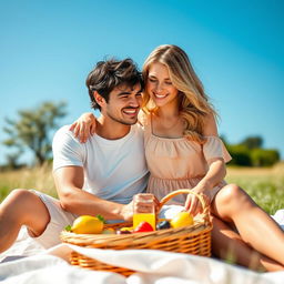 A young lovely couple enjoying a sunny day in a beautiful outdoor setting, with a clear blue sky above