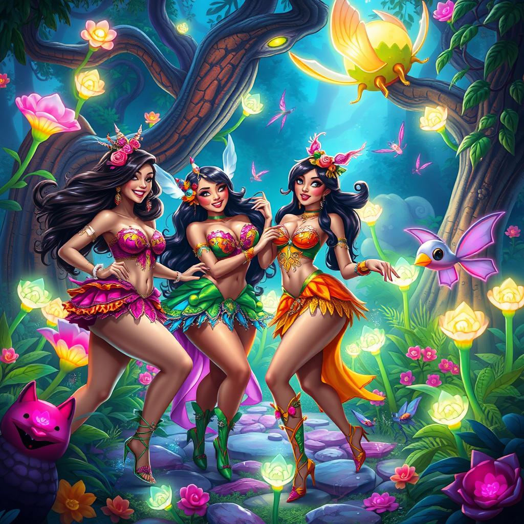 An enchanting scene of a vibrant fantasy world, featuring voluptuous characters with colorful, intricate outfits, surrounded by a lush, magical forest filled with glowing plants and ethereal creatures